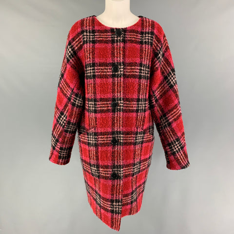 KATE SPADE Size M Red Black Wool Blend Plaid Collarless Coat