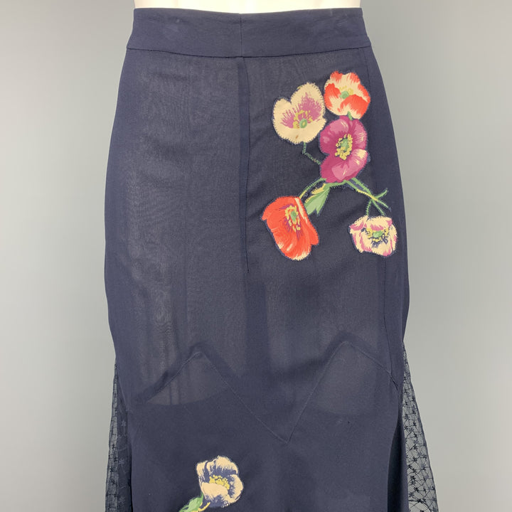 JIL STUART Size 6 Navy Floral Silk Lace Panel Skirt