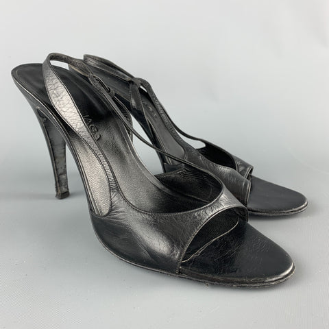 BALENCIAGA Size 8.5 Black Leather Peep Toe Strappy Slingback Sandals
