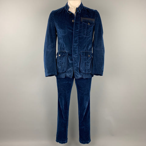 DRIES VAN NOTEN Size 40 Blue Cotton Patch Pocket Nehru Collar Set