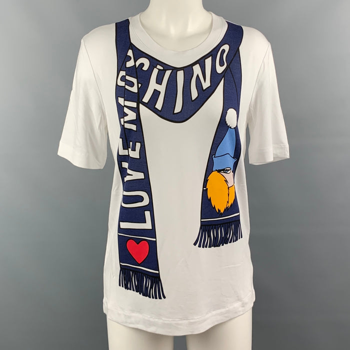 LOVE MOSCHINO Size 4 White & Navy Scarf Logo Graphic Print T-Shirt