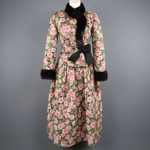 BILL BLASS Size 8 Pink & Green Rose Print Cocktail Dress & Mink Jacket Set BILL BLASS