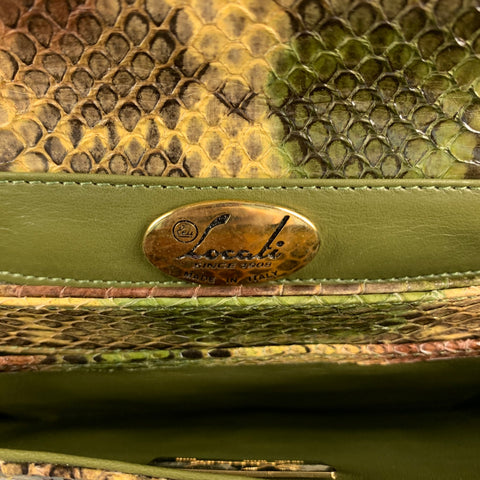 LEU LOCATI Green Beige Snake Skin Clutch Handbag