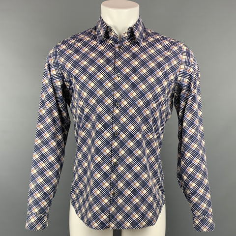 PRADA Size S Navy & White Plaid Cotton Button Up Long Sleeve Shirt