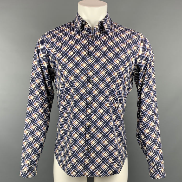 PRADA Size S Navy & White Plaid Cotton Button Up Long Sleeve Shirt