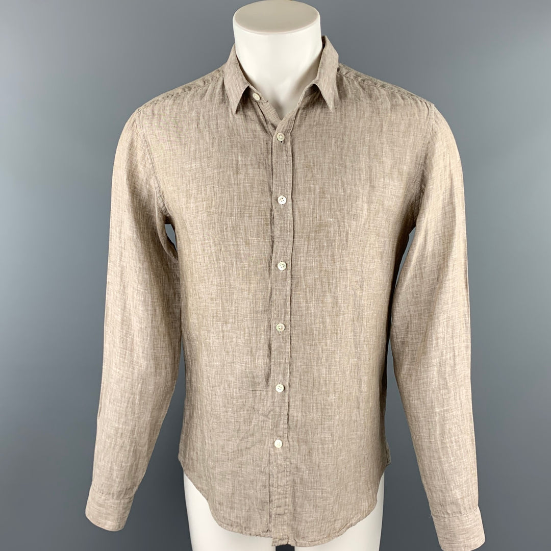 THEORY Size M Taupe Heather Linen Button Up Long Sleeve Shirt