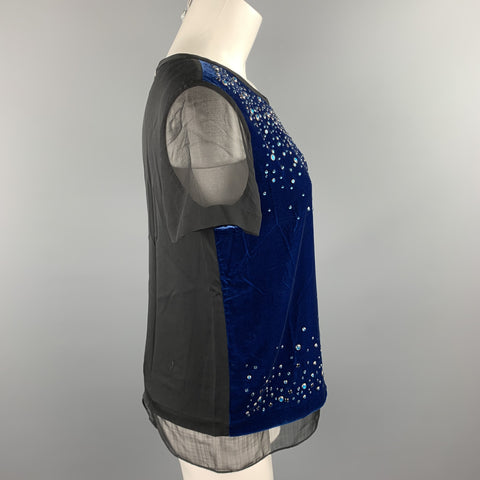 DIANE VON FURSTENBERG Size 6 Black & Blue Rhinestone Rayon / Silk Layered Blouse