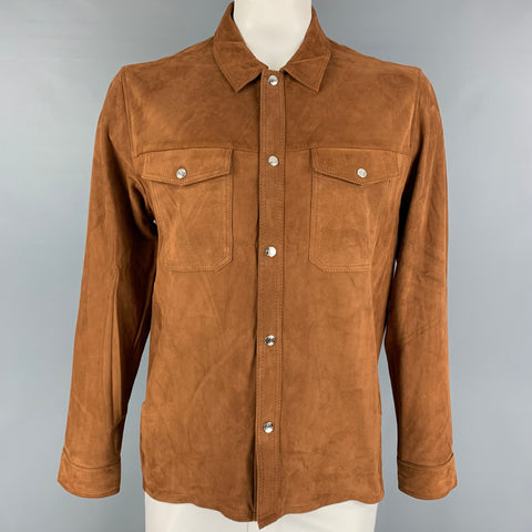 REISS Size XL Brown Leather Snaps Shirt Jacket