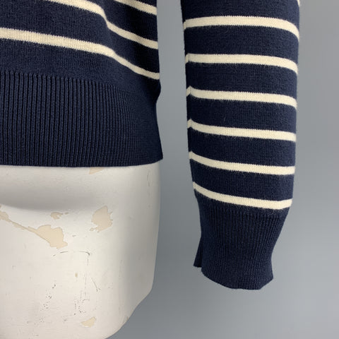 RALPH LAUREN Size XL Navy & Cream Stripe Cotton / Cashmere Side Buttons Pullover Sweater
