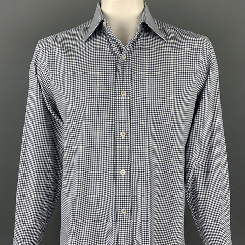 TOM FORD Size XL Navy & White Window Pane Cotton Button Up Long Sleeve Shirt