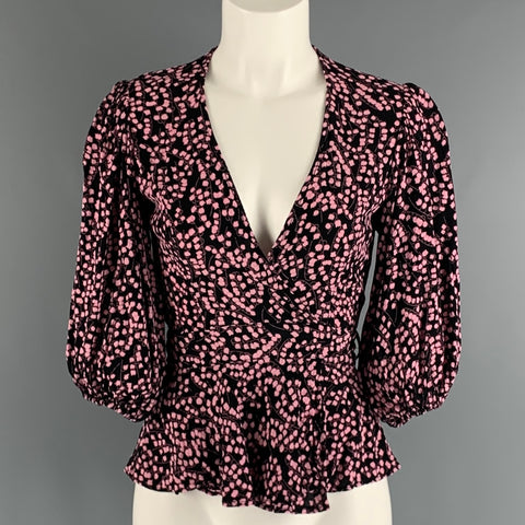 GANNI Size S Black Pink Viscose Floral Wrap Casual Top