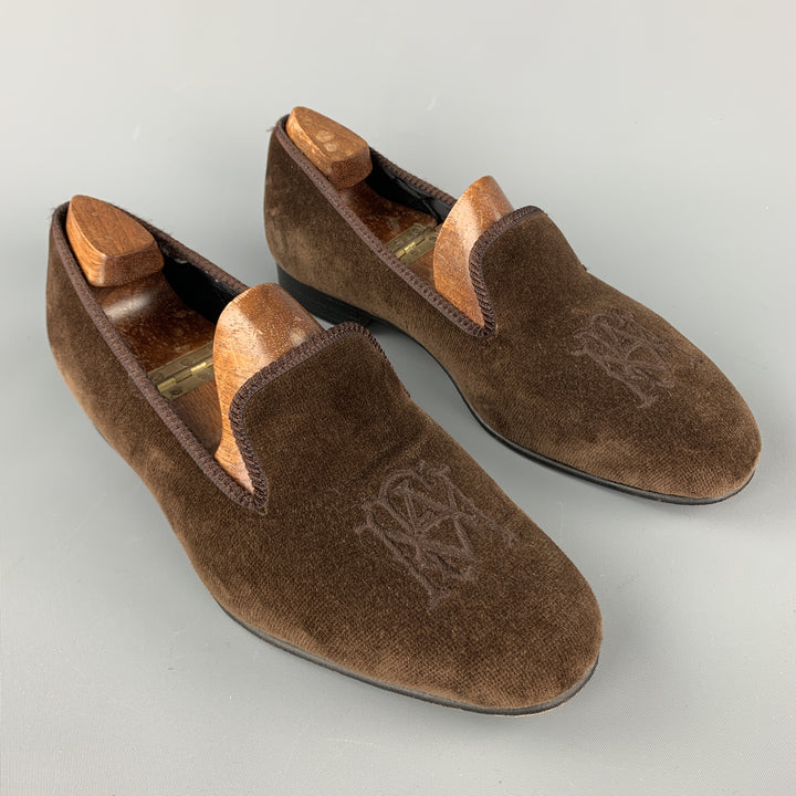 SHIPTON Size 8 Brown Embroidery Velvet Slippers Loafers