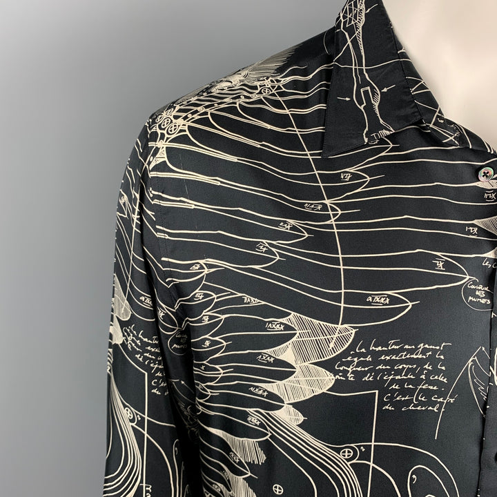 HERMES Le Pegase d'Hermes by Christian Renonciat Size L Black & Beige Print Silk Button Up Long Sleeve Shirt