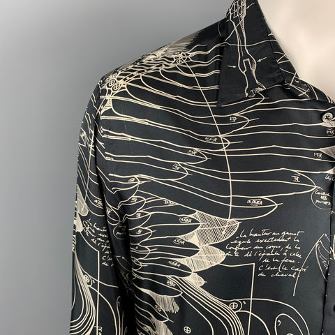 HERMES Le Pegase d'Hermes by Christian Renonciat Size L Black & Beige Print Silk Button Up Long Sleeve Shirt