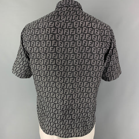 FENDI Size M Black White Logo Silk Button Down Short Sleeve Shirt