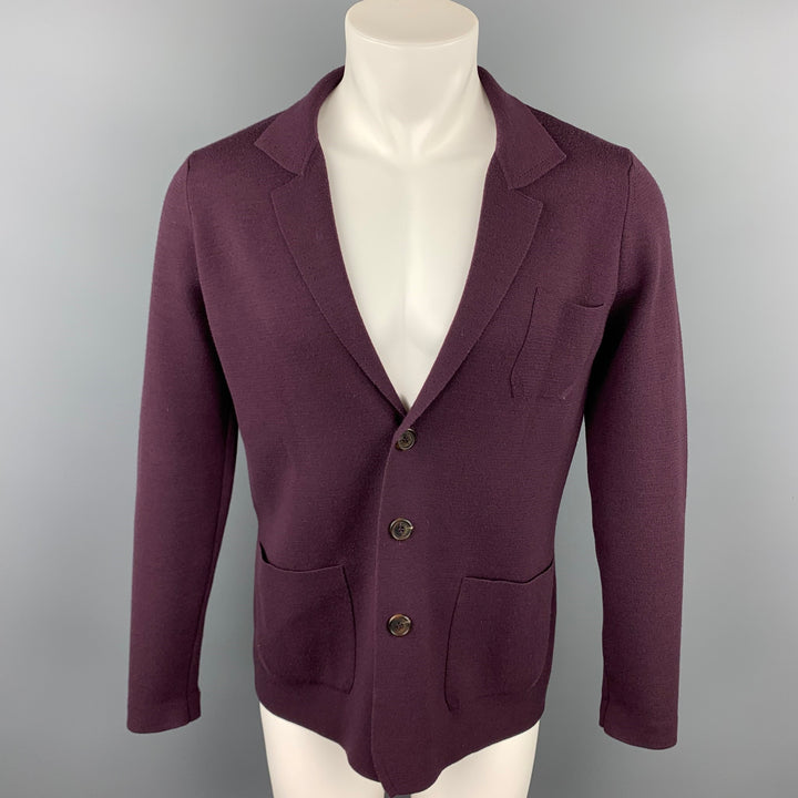 CRUCIANI Size 40 Eggplant Wool Buttoned Notch Lapel Cardigan