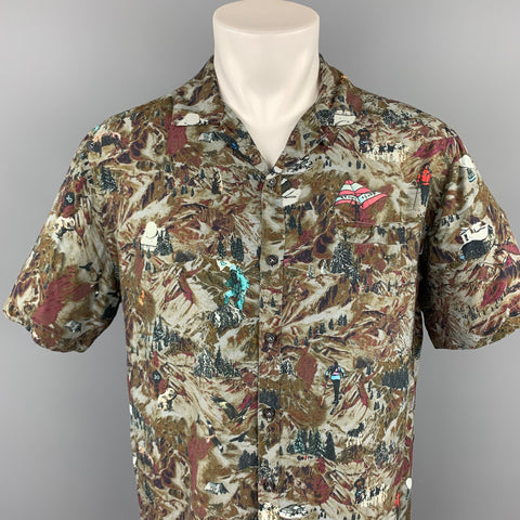LANVIN Size L Grey & Brown Print Viscose Camp Short Sleeve Shirt