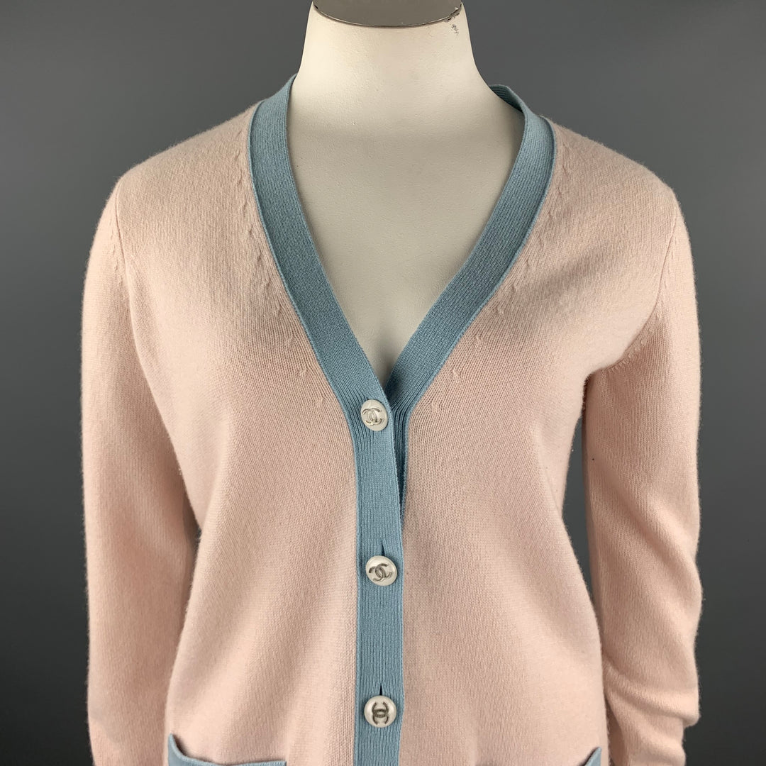 CHANEL Size 10 Pink Knitted Blue Trim Cashmere Cardigan
