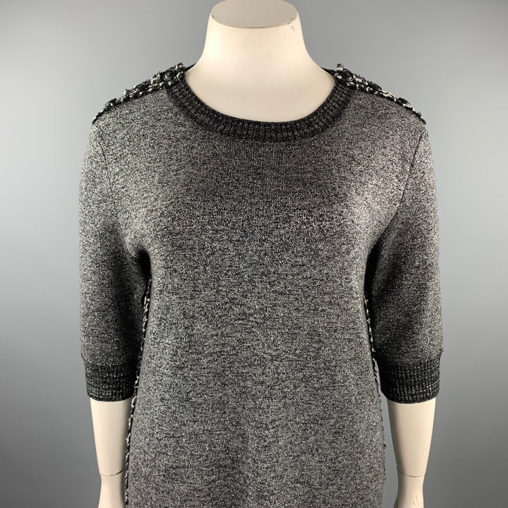 CHANEL Talla 14 Vestido recto de mezcla de lana texturizada de punto plateado