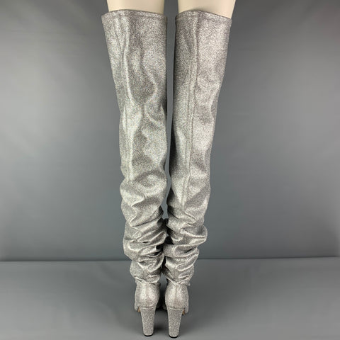 MARCELL VON BERLIN Size 10 Silver Leather Metallic Pull On Thigh High Boots