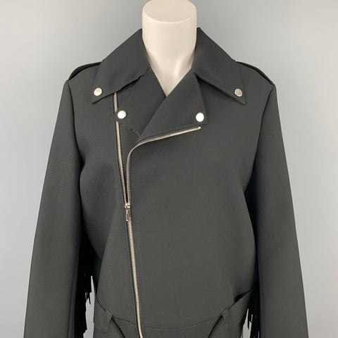 MSGM Size 6 Black Crepe Polyester Fringe Motorcycle Jacket