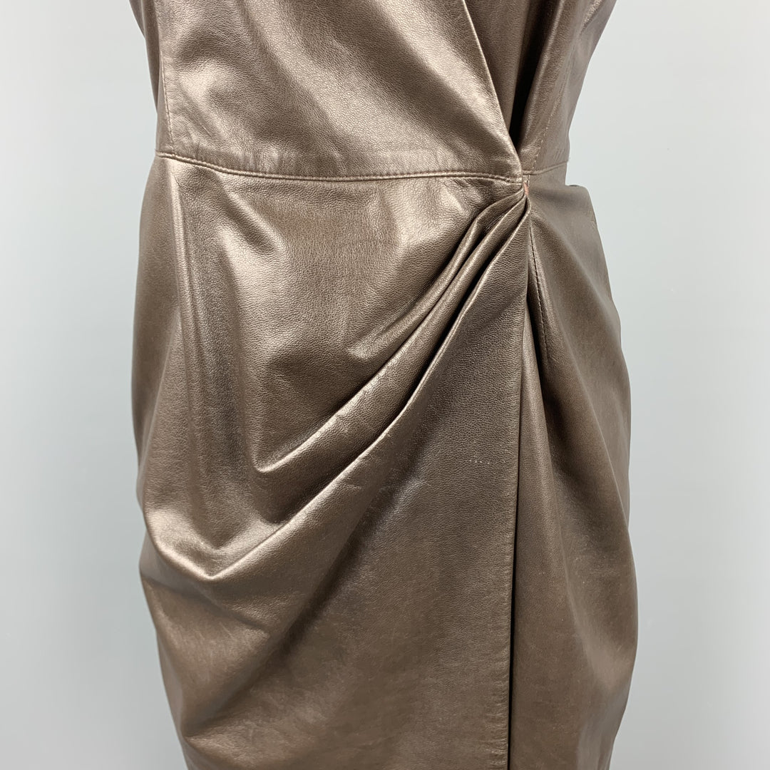 OSCAR DE LA RENTA Size 4 Brown Leather Draped Sleeveless Wrap Dress