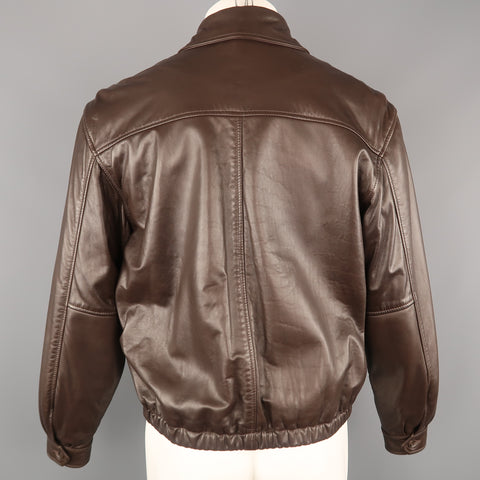 GOLDEN BEAR S Brown Solid Leather Zip Up Collared Bomber Jacket