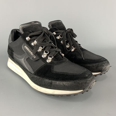 DSQUARED2 Talla 12 Zapatillas con gancho de esquí de lona y cuero en blanco y negro