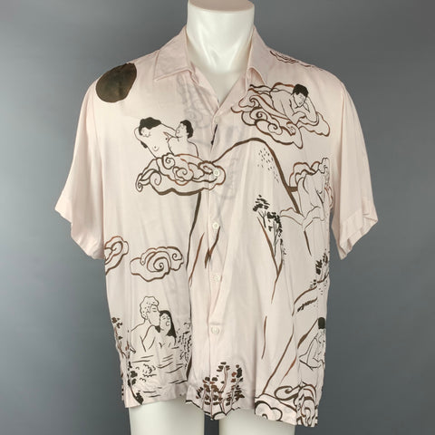 CARNE BOLLENTE Size XL Off White & Brown Print Viscose Camp Short Sleeve Shirt