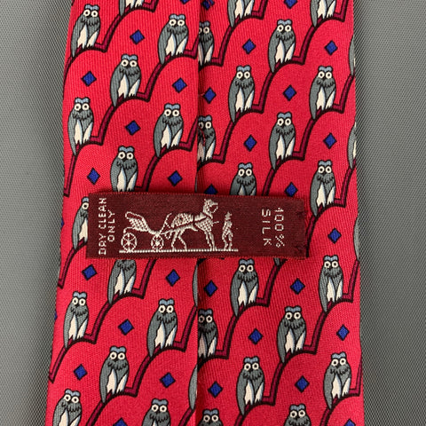 HERMES 7167 FA Red Grey Owl Print Silk Tie