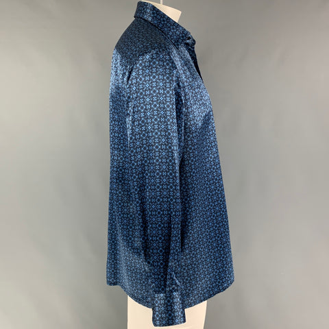 STEFANO RICCI Size XL Charcoal Blue Abstract Silk Long Sleeve Shirt