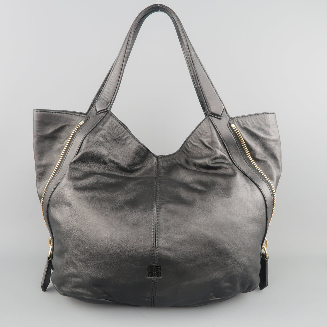 GIVENCHY Black Leather Gold Zip Expandable TINHAN SHOPPER Hobo Tote Handbag