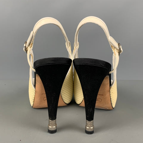 CHANEL Size 6 Cream Black Acetate Color Block Slingback Pumps