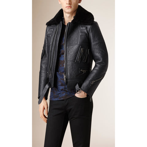 BURBERRY PRORSUM FW 2010 Size 38 Blue Black Lamb Leather Shearling Biker Jacket