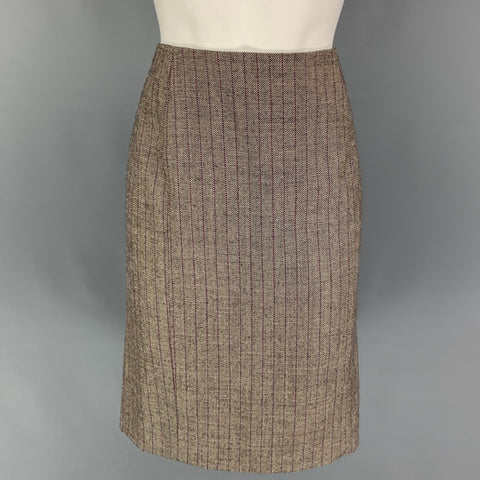VALENTINO Size 6 Brown White Purple Virgin Wool Stripe Single Button Skirt Suit