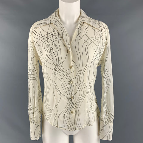LAUNDRY Blusa con botones abstractos de rayón negro blanco talla 2