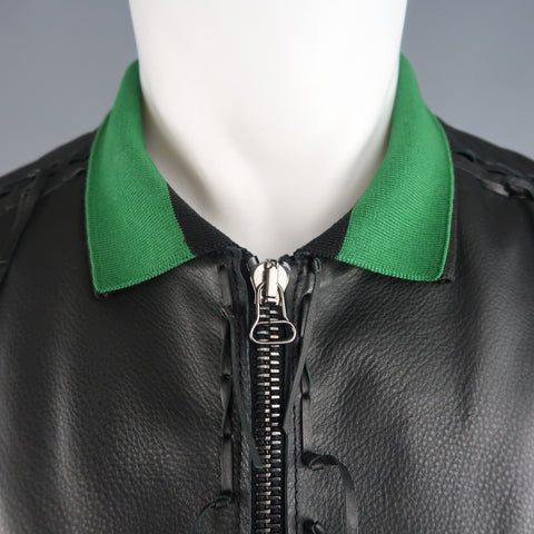 LANVIN US 42 / IT 52 Black Leather Fringe Trim Green Collar Bomber Jacket