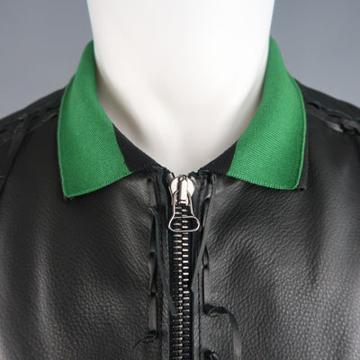 LANVIN US 42 / IT 52 Black Leather Fringe Trim Green Collar Bomber Jacket