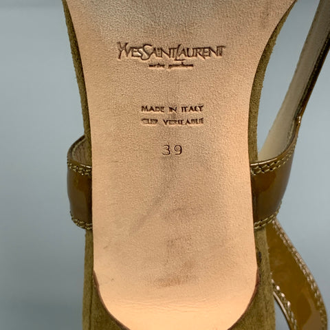 YVES SAINT LAURENT Size 9 Brown Suede Patent Leather Kitten Heel Sandals