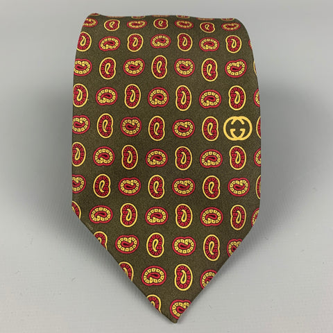 Corbata de seda de cachemir burdeos dorado y verde oliva GUCCI
