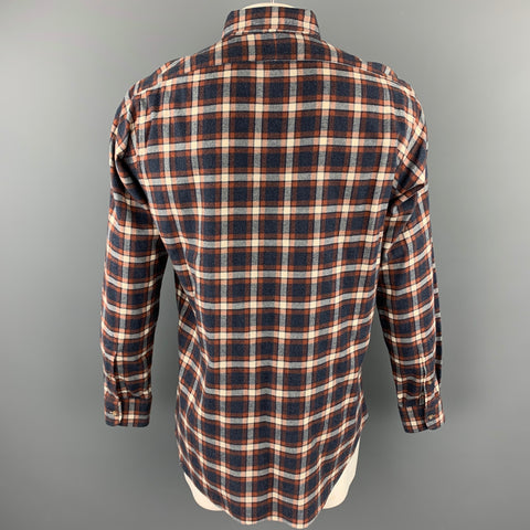 HAMILTON Size L Navy & Brick Plaid Brushed Cotton Button Down Long Sleeve Shirt