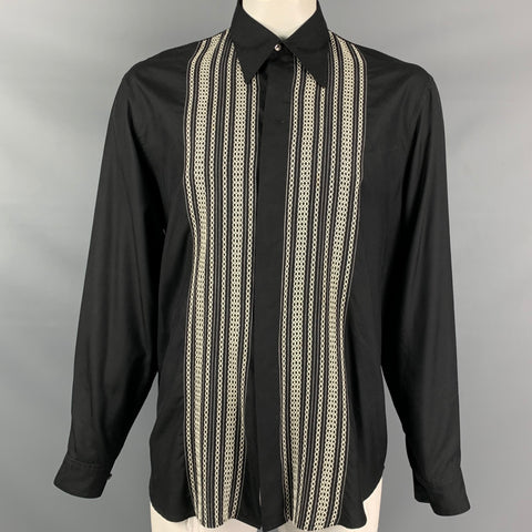 EQUIPMENT Size XL Black & Beige Embroidery Silk Hidden Placket Long Sleeve Shirt