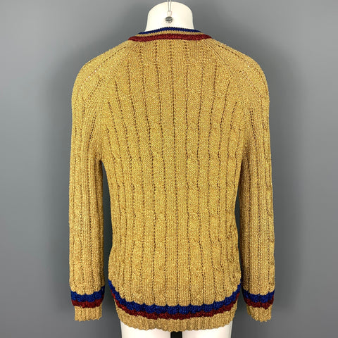 GUCCI Size XL Gold Metallic Fiber Blend Cable Knit V-Neck Sweater