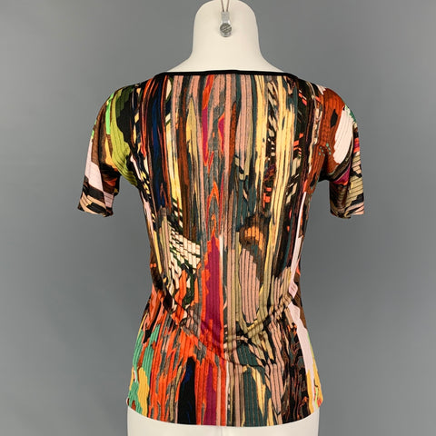 ETRO Size 4 Multi-Color Polyester Abstract Short Sleeve Casual Top