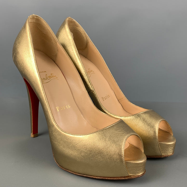 CHRISTIAN LOUBOUTIN Size 6.5 Gold Leather Peep Toe Pumps