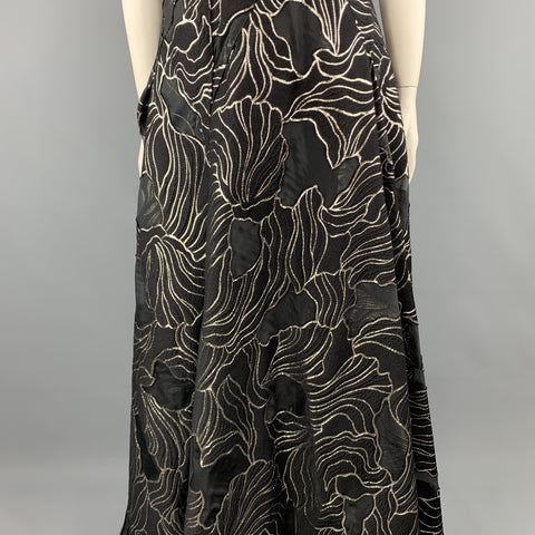 RUBIN SINGER Size 14 Black & Gold Floral Wool Blend Strapless Bustier Evening Gown