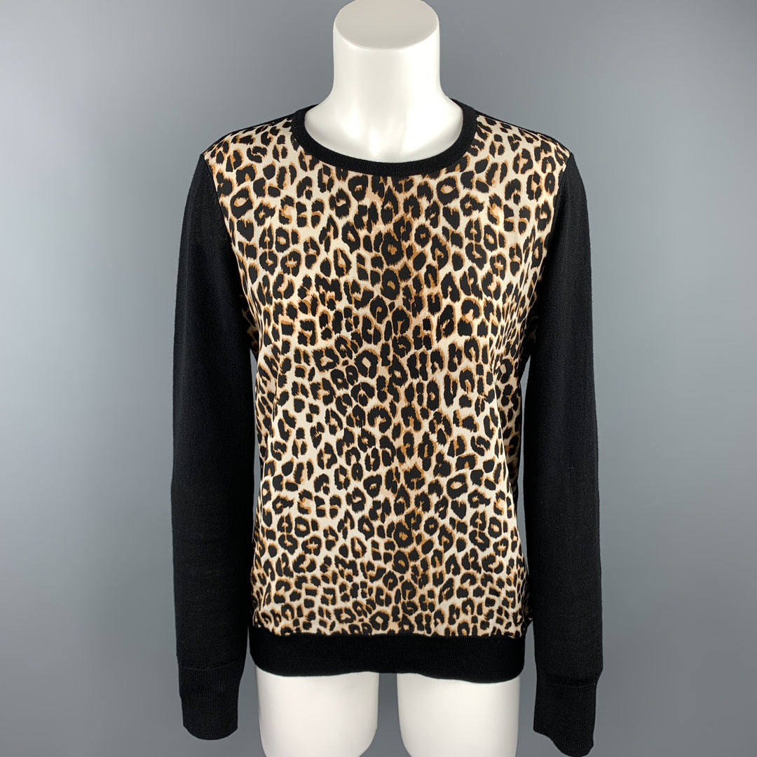EQUIPO Talla S Jersey de lana/seda de leopardo negro y tostado