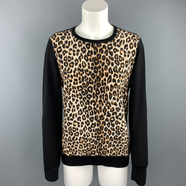 EQUIPO Talla M Jersey de lana/seda de leopardo negro y tostado