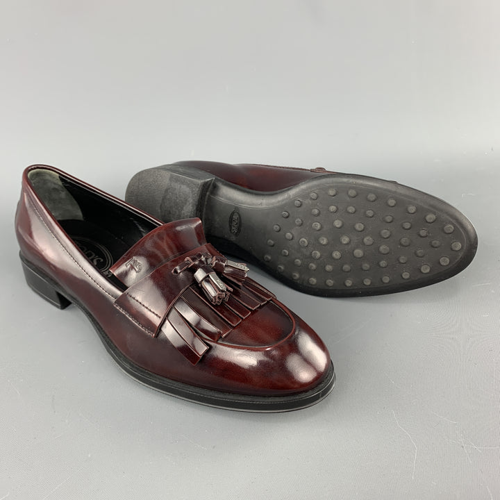 TOD'S Size 8.5 Burgundy Leather Tassels Loafers