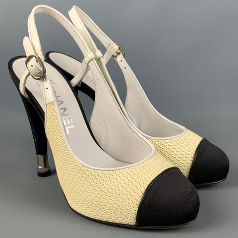 CHANEL Talla 6 Zapatos de tacón con tira trasera en bloque de color de acetato negro crema